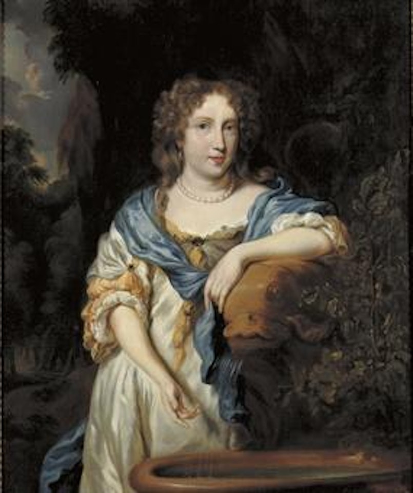 Portrait of a lady, three-quarter-length, in a satin dress by Nicolaes Maes