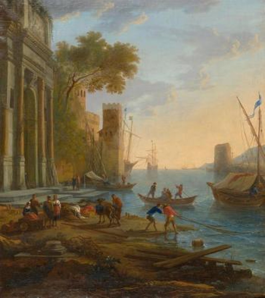 Mediterrane Hafenlandschaft mit Architekturstaffage und Fischern am Ufer by Claude Lorrain