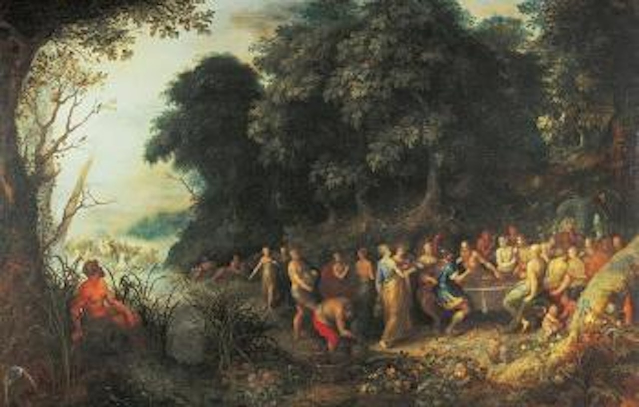 Neptun und Amphitrite bei einem Bankett inmitten einer bewaldeten landschaft by Frans Francken by Abraham Govaerts