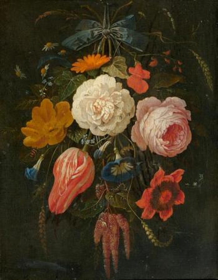 Hangendes Blumenbouquet mit blauer Schleife by Abraham Mignon