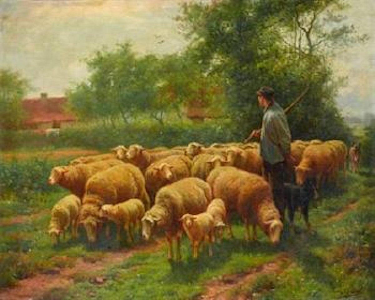 Sheep herder with flock by Frans de Beul
