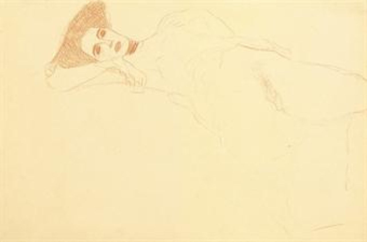 Nach links liegender Akt mit gespreizten Beinen by Gustav Klimt