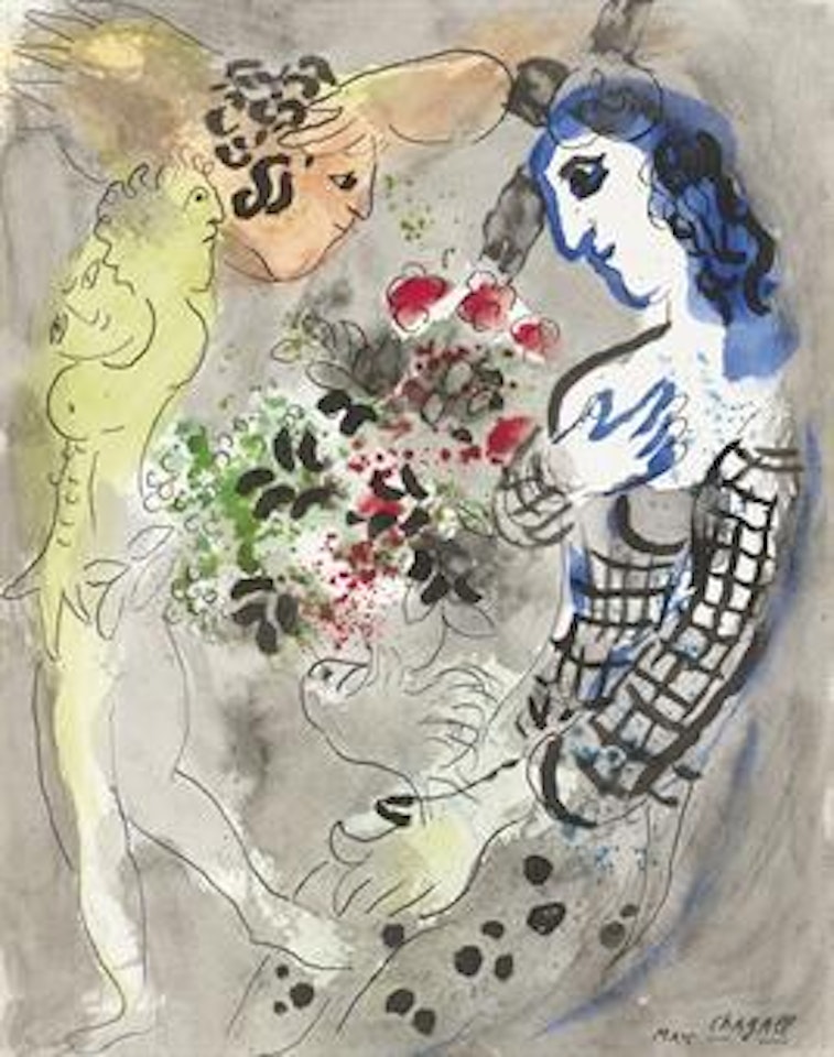 Bouquet offert à la femme au profil bleue by Marc Chagall