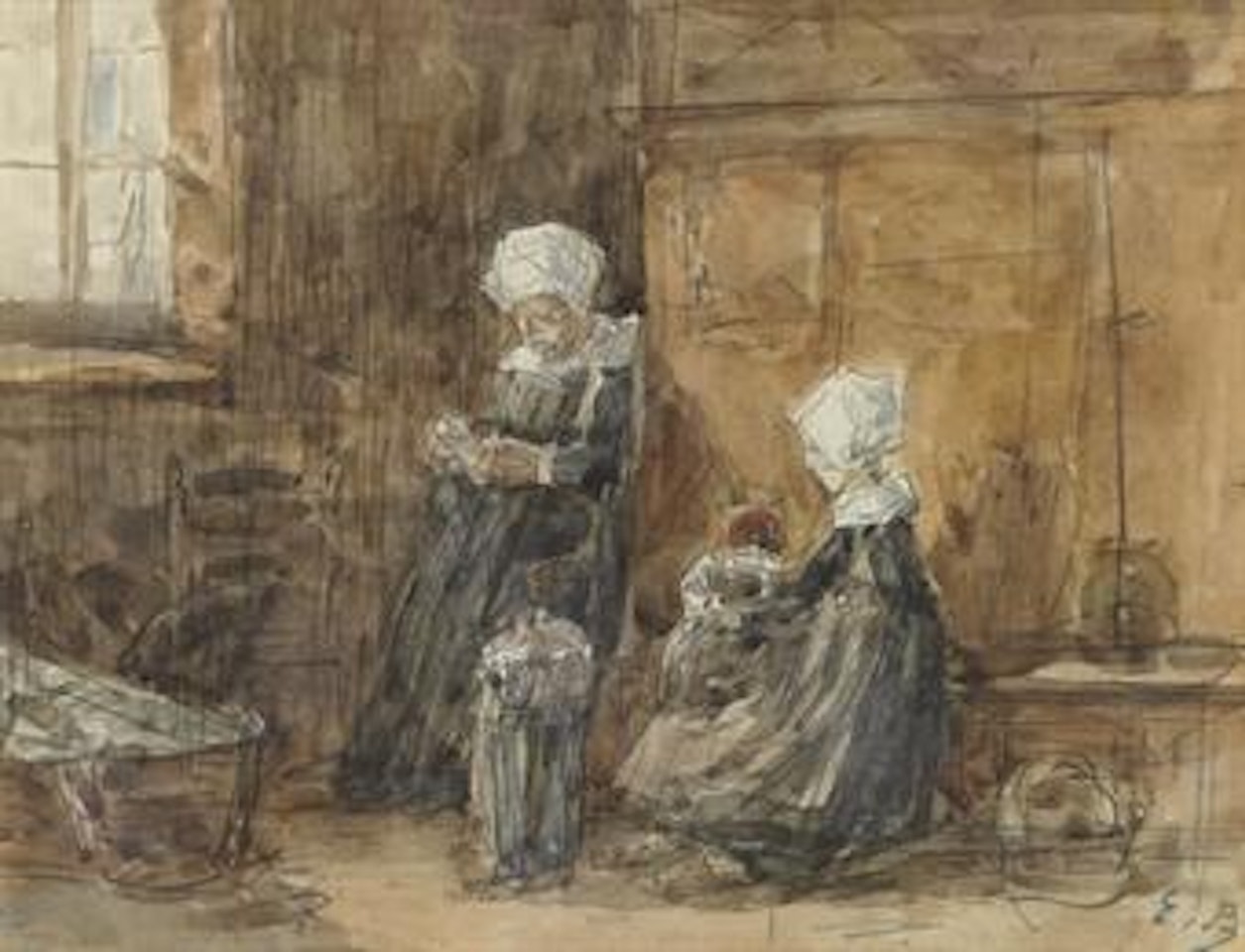 Deux Bretonnes dans un intérieur by Eugène Boudin