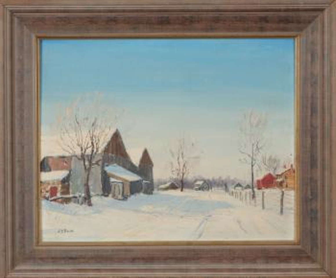 Winter landscape with barn at left by Walter Emerson Baum