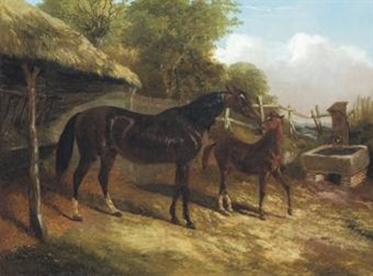 A bay mare and her foal, outside a field shelter by John Frederick Herring