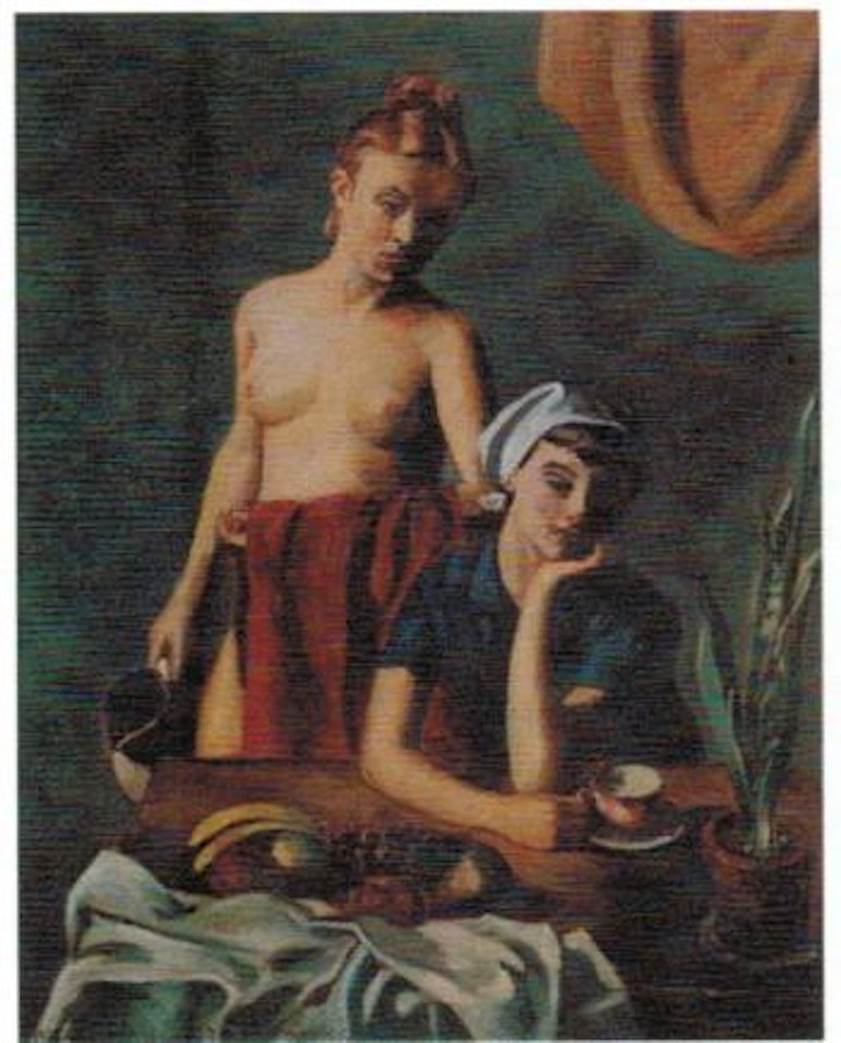 Ladies at a table with fruit and plants by Robert Brackman