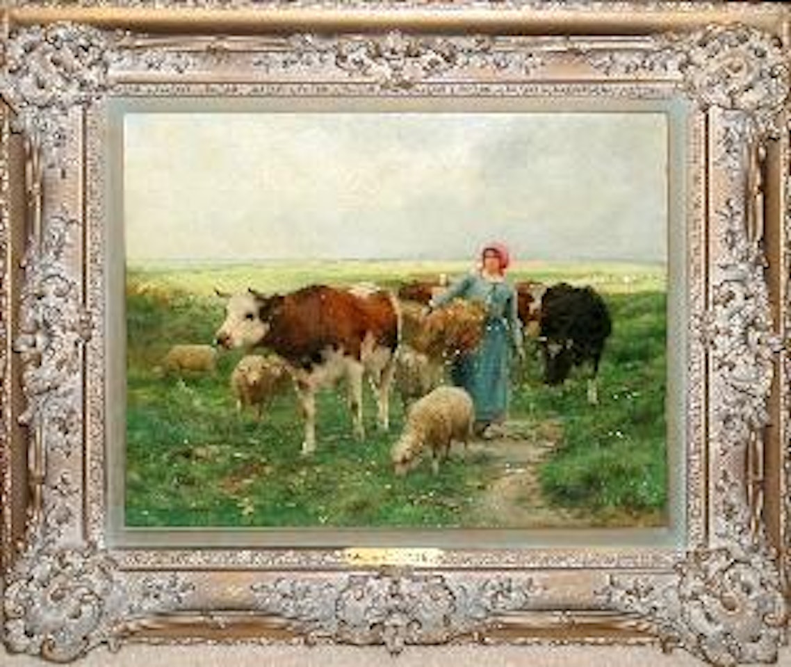 Peasants with cows & sheep by Julien Dupré