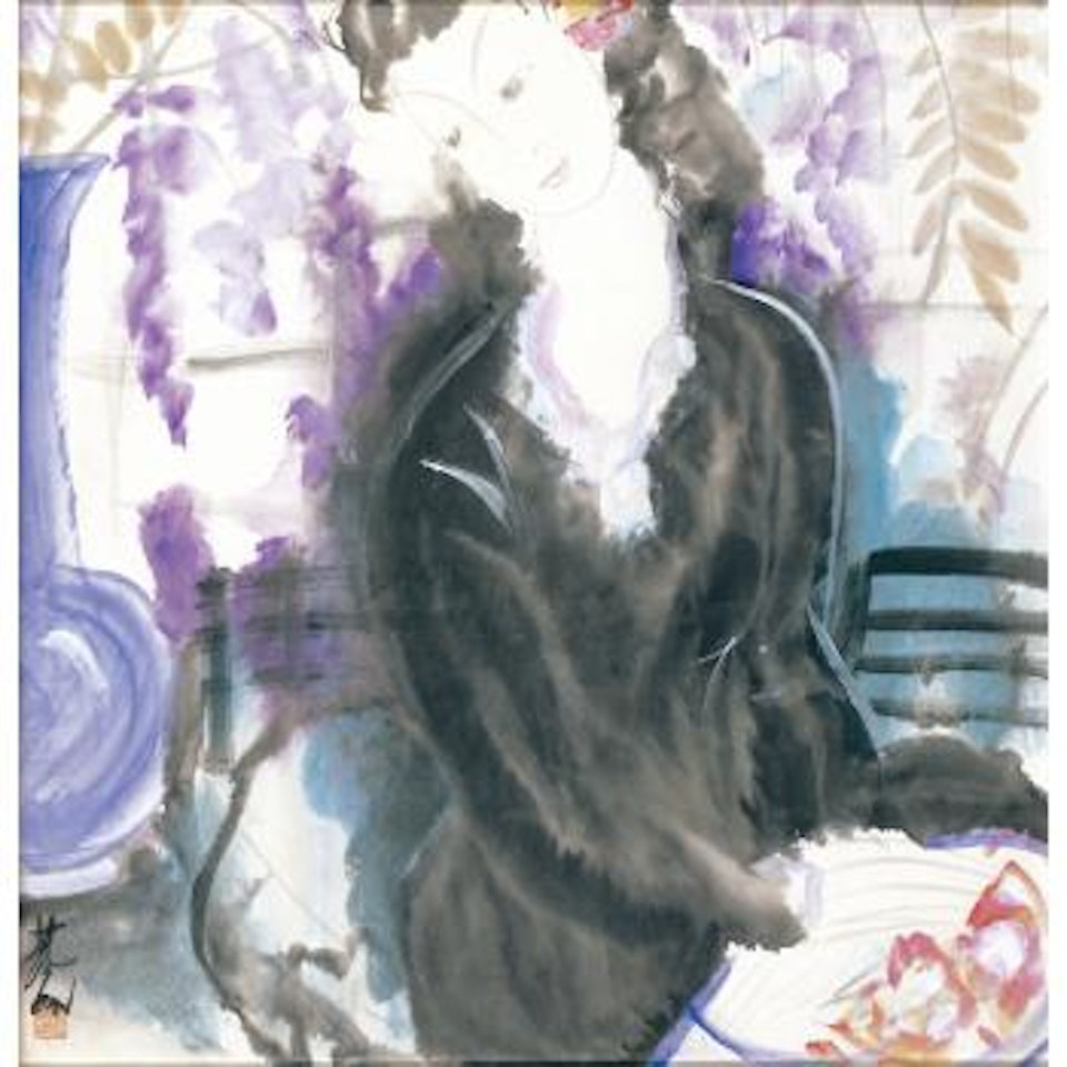 Chinese wisteria with a girl in black by Lin Fengmian