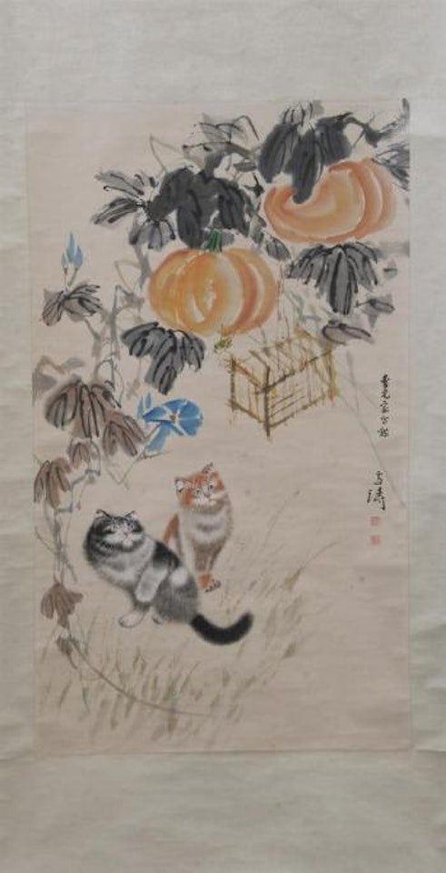 Cats admiring peaches by Cao Kejia by Wang Xuetao