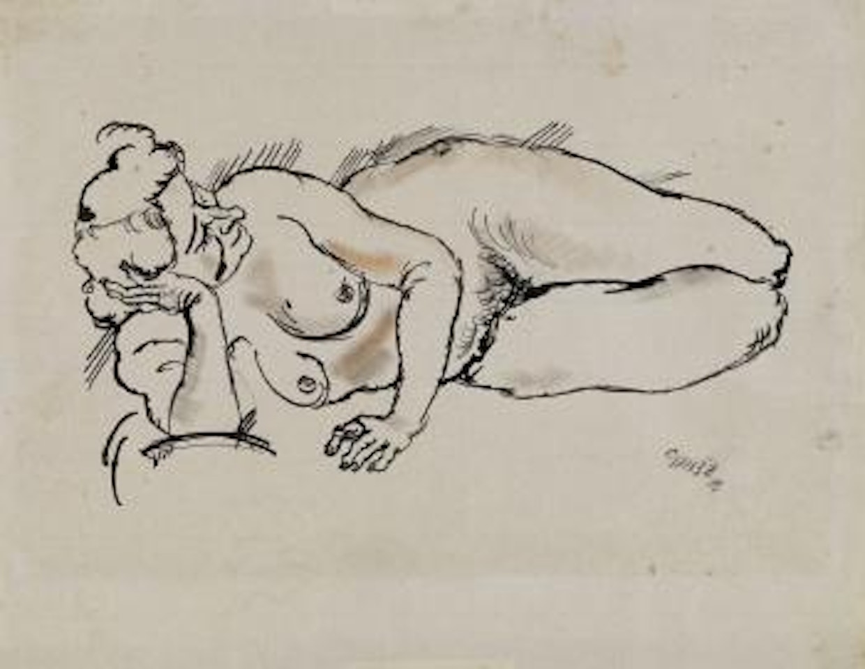 Liegend aufgestutzter weiblicher Akt by George Grosz