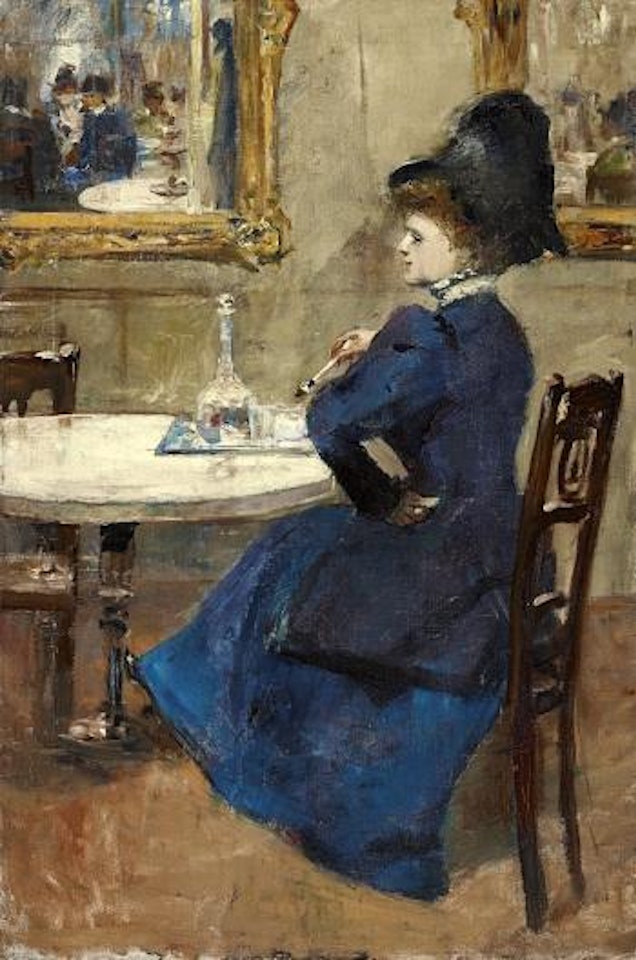 Dame im blauen Kleid im Café by Lesser Ury