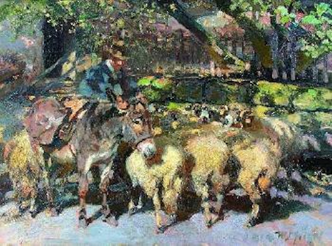 Hirte mit Schafherde und Maultier im Halbschatten der Baume by Heinrich von Zugel