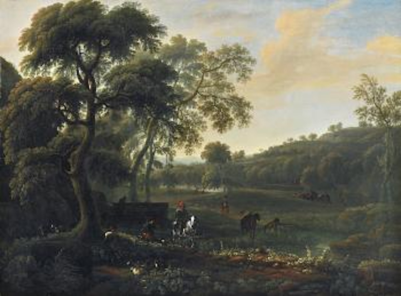 Eine bewaldete Auenlandschaft mit Jagern und Reitern by Dutch School