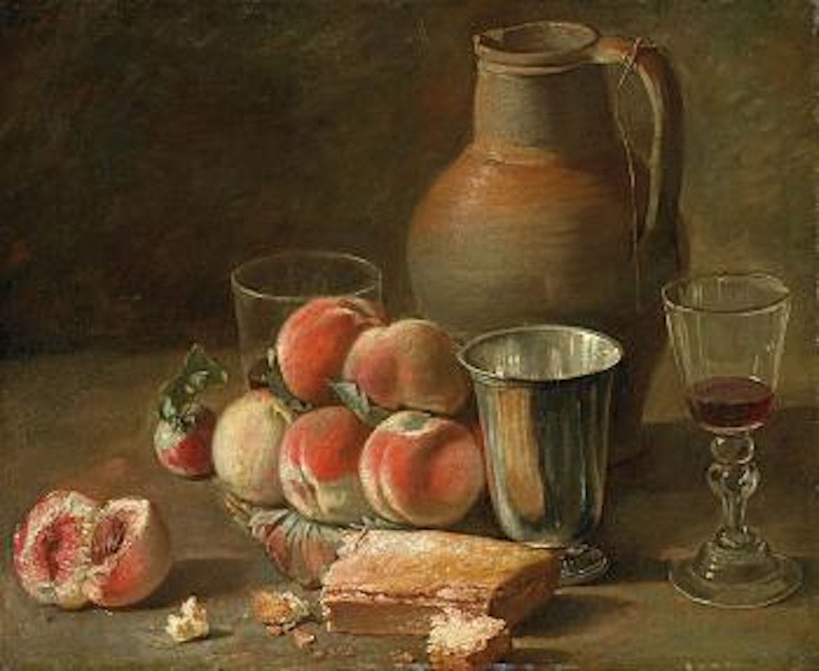 Stilleben mit pfirsichen, Krug und Becher by French School