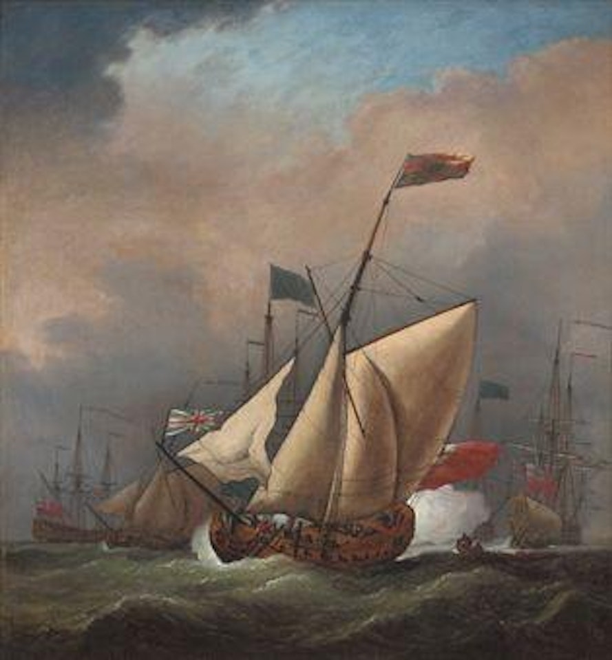 A Royal yacht firing a salute to announce her arrival at the fleet anchorage by Peter Monamy