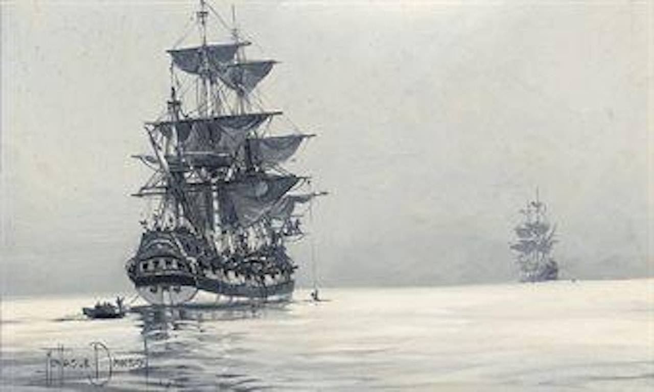 Frigates in a calm by Montague Dawson