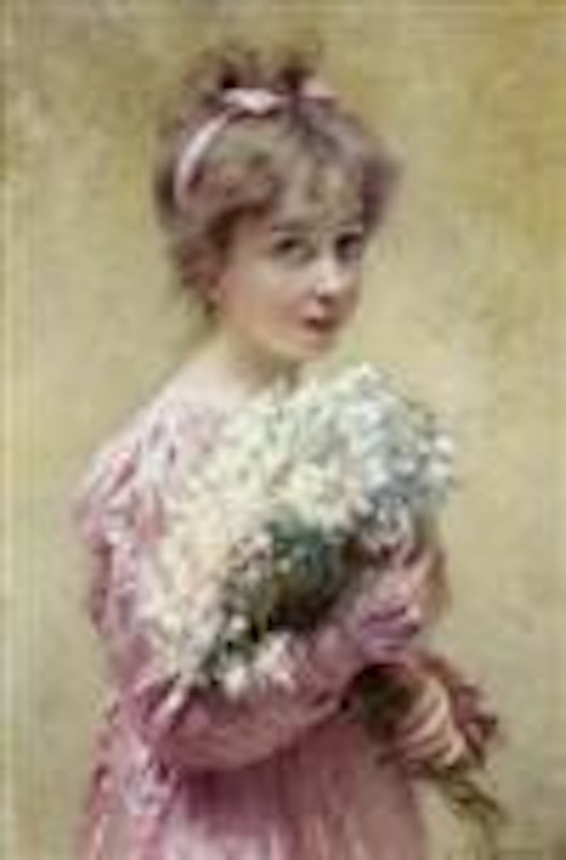 Madchen mit rosa Kleid und Blumenstrauss by Konstantin Makovsky
