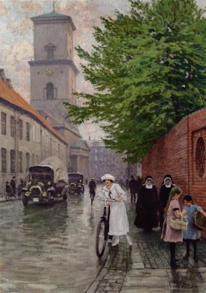 Elegant young lady with her bicycle, two nuns and two little girls in Nørregade, Copenhagen. by Paul Fischer