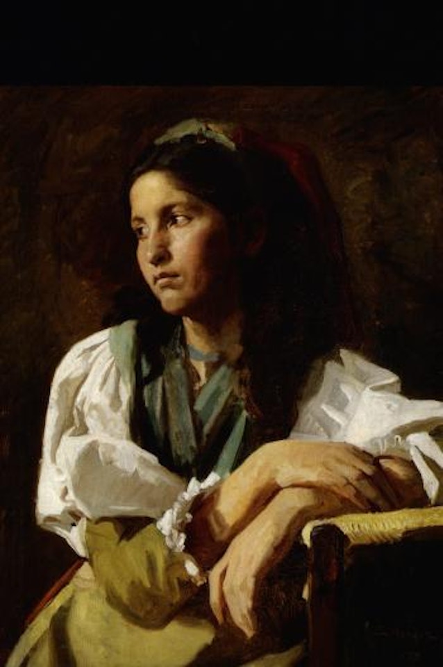 Ung Spanierinde, siddende; halv Profil. Young Spanish girl by Peder Severin Kröyer