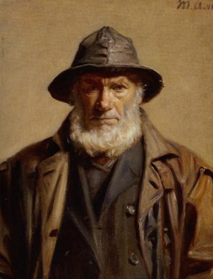 The fisherman Søren Kruuse with a dark sou'wester and coat by Michael Ancher