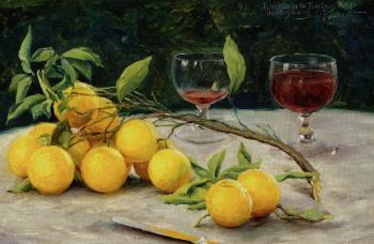 Still life with oranges on a twig, a knife and two glasses of red wine on a table by Paul Fischer