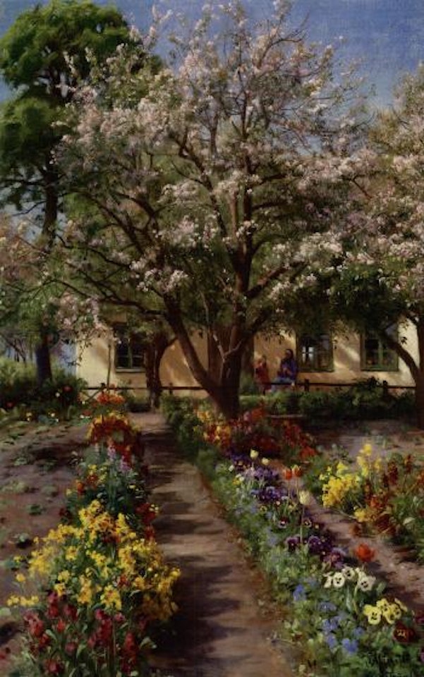A grandmother with her grandchild in a flowering garden in front of a small farmouse by Peder Mork Monsted