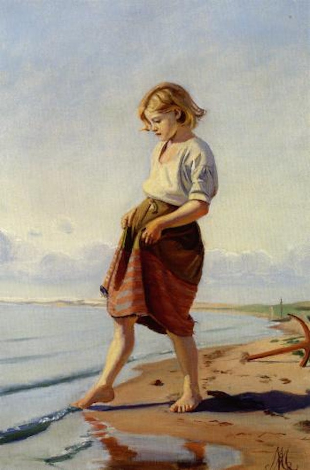 En lille pige maerker på vandet. Is the water cold? by Michael Ancher