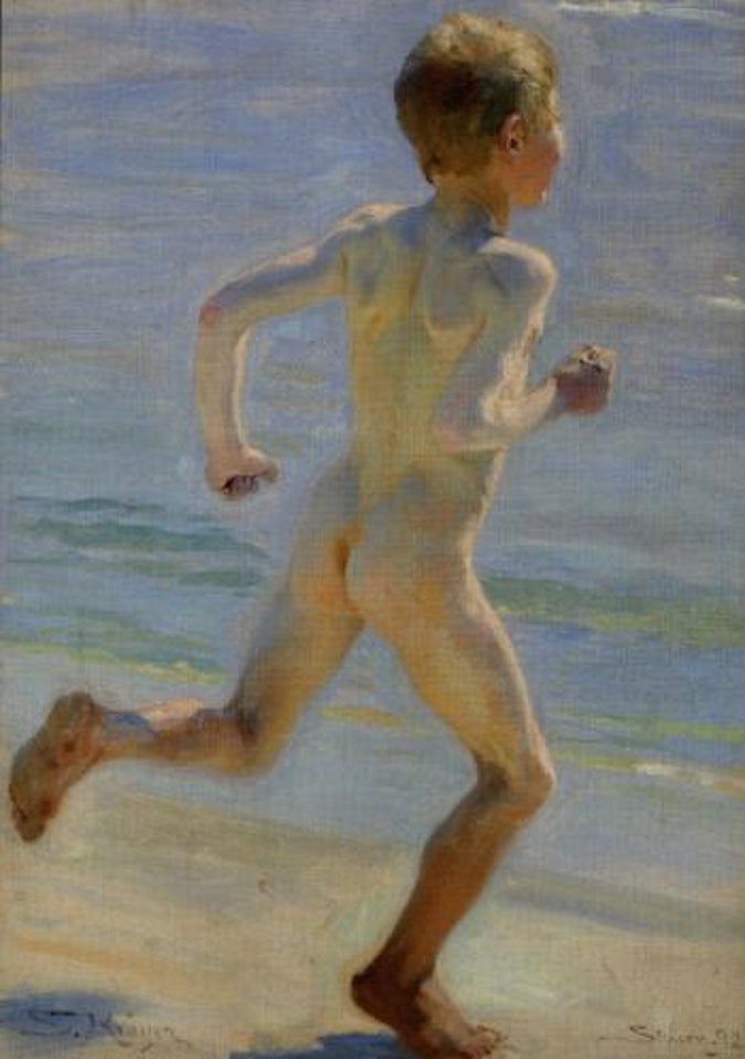 Nøgen Dreng, set fra hojre Side I Lob paa Sandet ud mod Vandet. Naked boy running on the beach towards the sea by Peder Severin Kröyer