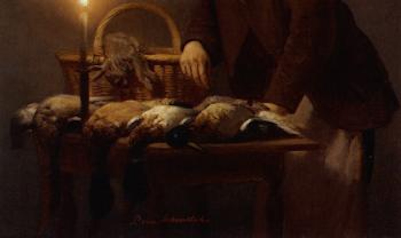 Game birds on a table lit up by a candle by Petrus van Schendel
