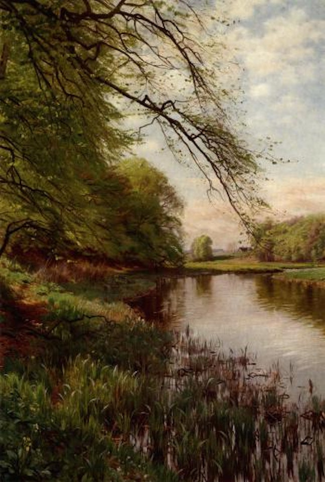 Woodland scene with an angler at a stream by Peder Mork Monsted