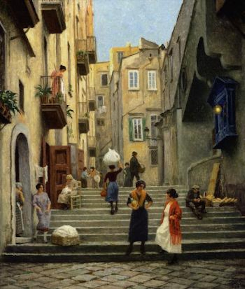Street life in Naples. A young girl has bought a bottle of Chianti by Paul Fischer