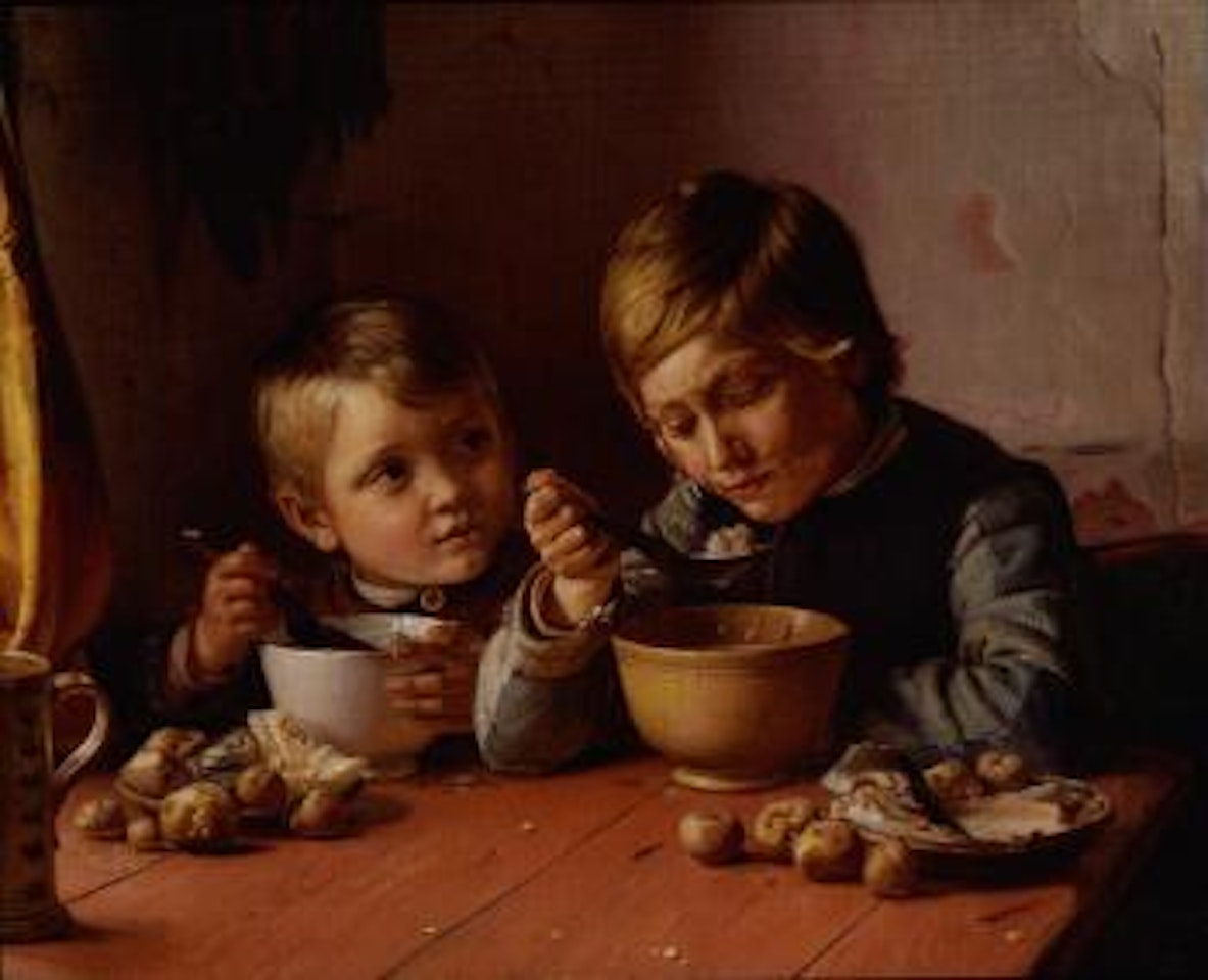 Drengene holde Maaltid. Maden er endnu lidt for varm. Motiv fra Skagen. Two boys at dinner by Michael Ancher