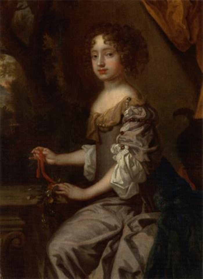Elegant young lady in an evening dress with flowers in her hand by English School