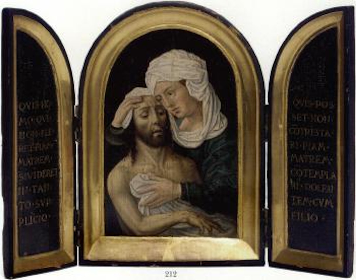 Pieta in the form of a triptych with verses from the Stabat Mater Dolorosa hymn on the wings by Flemish School