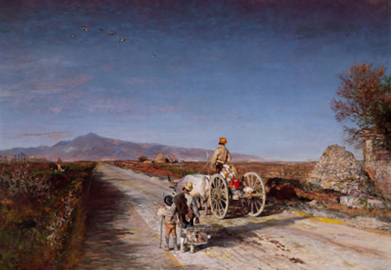 Campagnalandschaft mit der Via Appia, ein von Ochsen gezogenes Fduhrwerk und ein Bauer auf dem Weg zum markt neben einem ruinosen Bauwerk by Oswald Achenbach