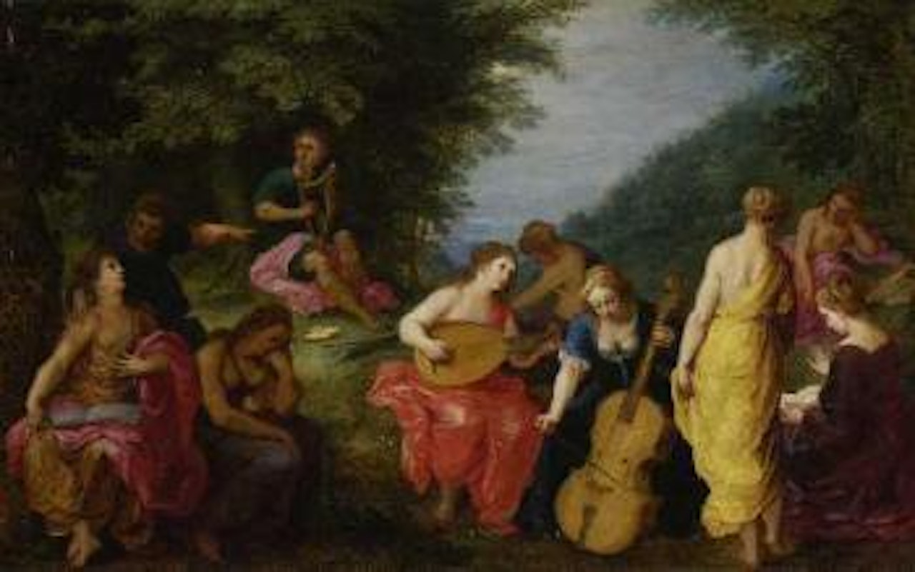 Apollo spielt vor den neun Musen, auf einer Waldlichtung haben sich in zwei Gruppen Kalliope, melpomene, Thalia, Euterpe, Erato, Terpsichore, Polyhymnia, Klio and Urania zu gemeinsamem Singen und Musizieren nidergelassen by Hendrik van Balen by Jan Brueghel the Younger