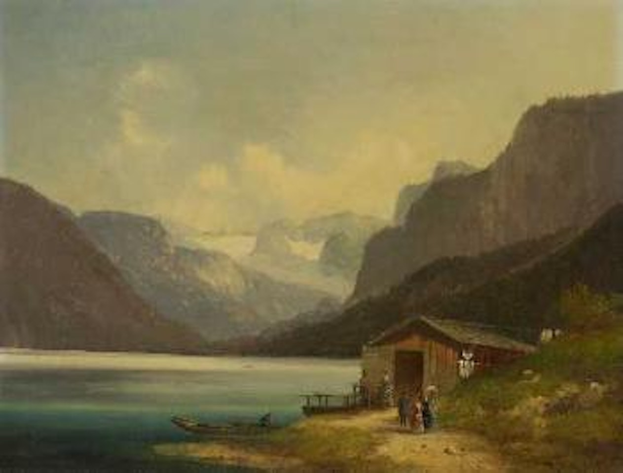 Spazierganger bei einem Bootshaus an einem Gebirgssee by Anton Doll