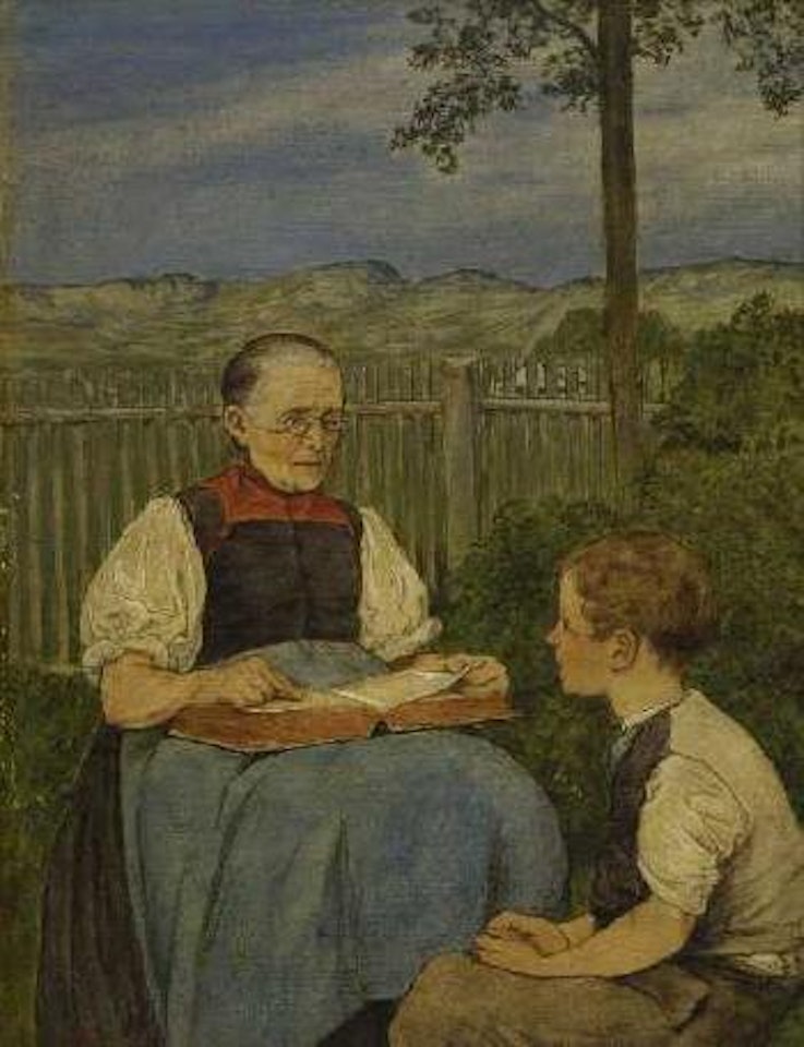 Religionsunterricht, Grossmutter mit ihrem Enkel beim Studium des katechismus im Garten by Hans Thoma