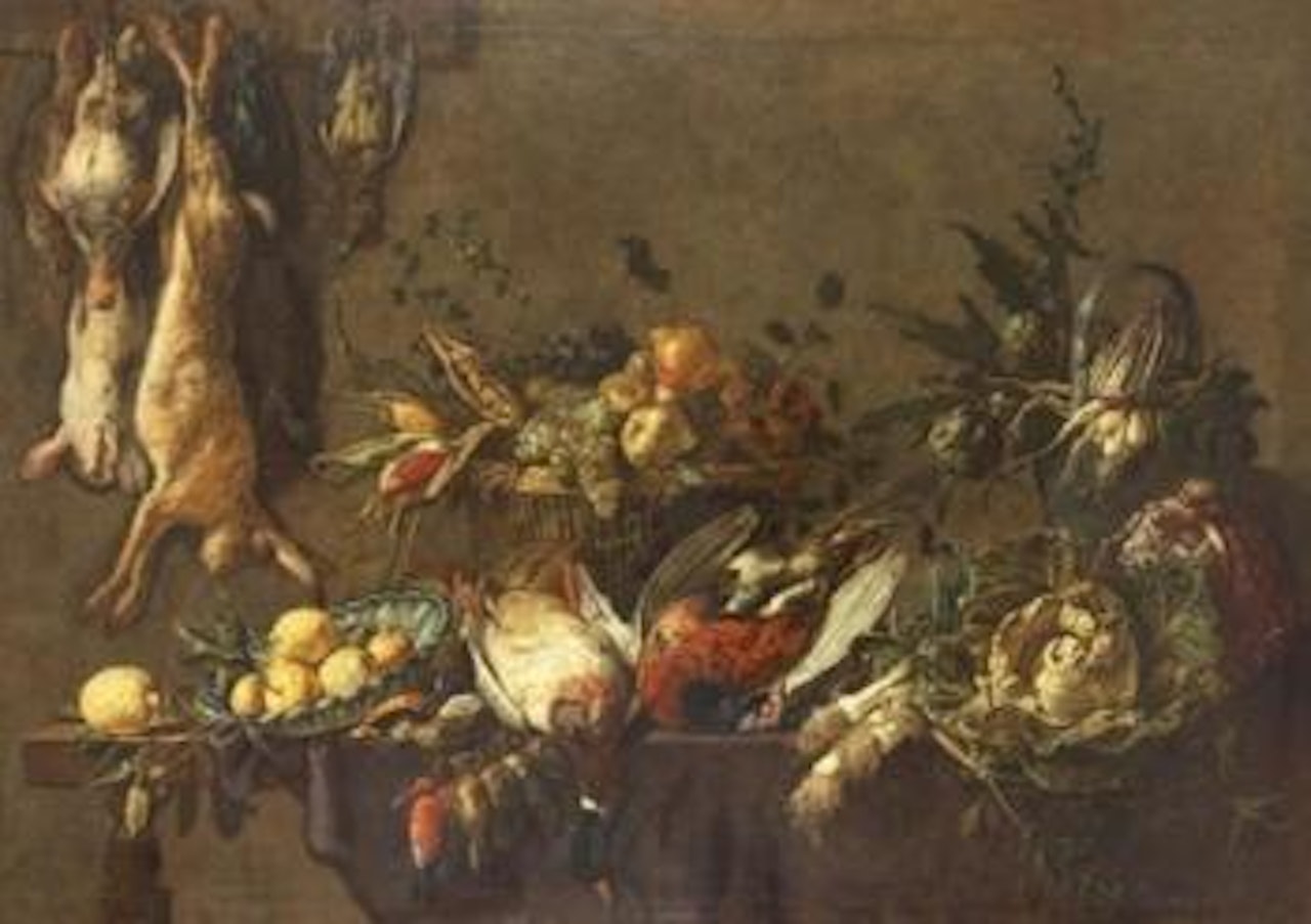 Kuchenstillleben mit erlegtem Wild, Fruchten und Gemuse by Adriaen van Utrecht