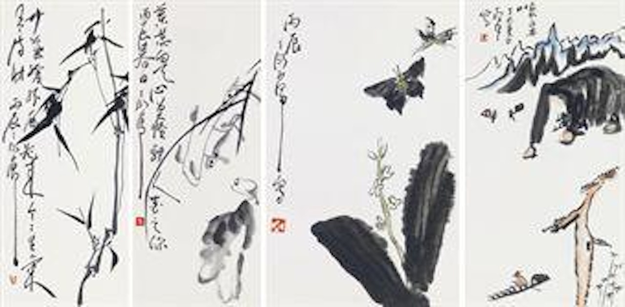 Bamboo; Bird Perching in Orchid; Flowers and Butterflies & Elephant Hill by Ding Yanyong