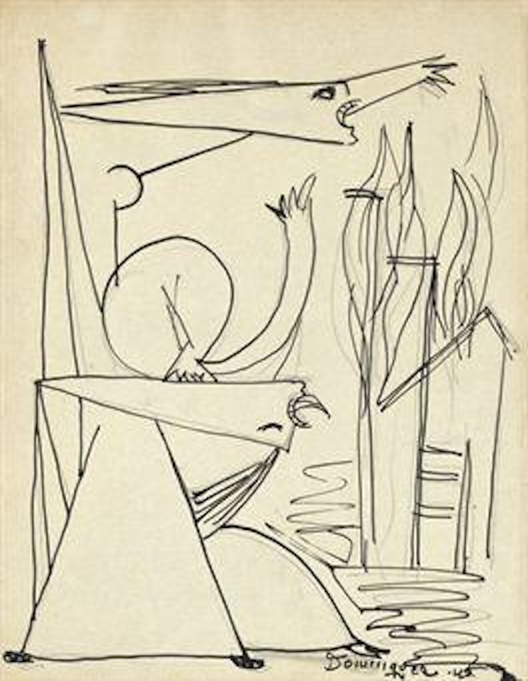 Personnages devant une maison en feu by Oscar Dominguez