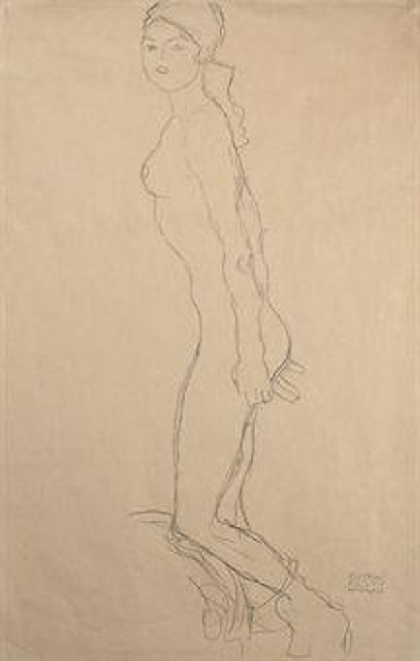 Mädchen nach links, das linke Knie aufgestützt by Gustav Klimt