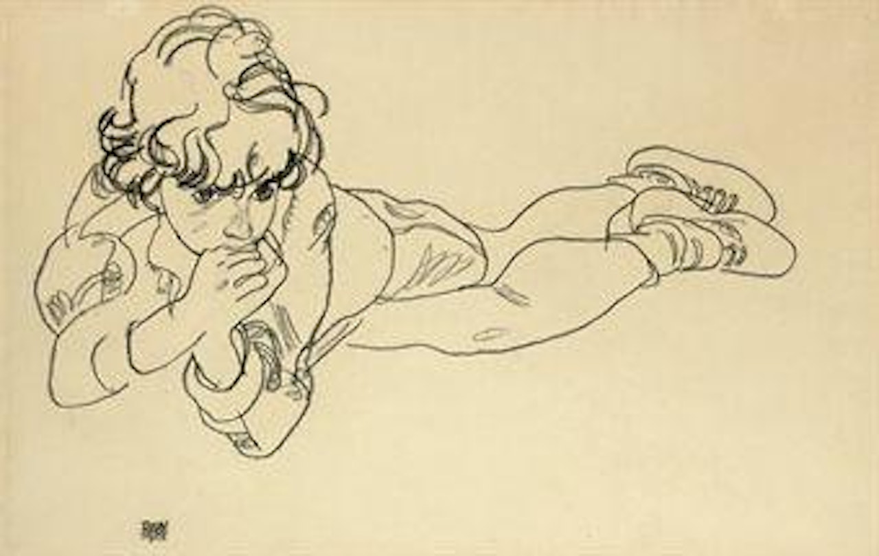 Liegender Junge auf dem Bauch by Egon Schiele