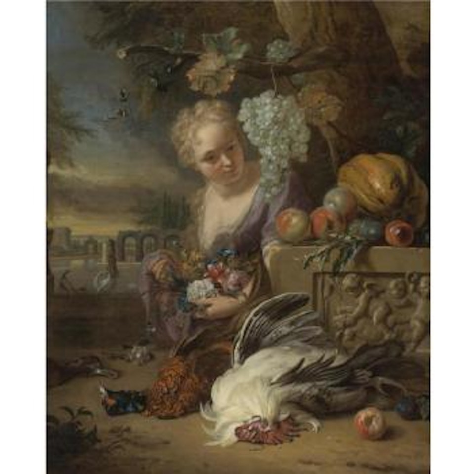 A Young Woman Kneeling And Holding Flowers In A Park Landscape, With Game And Fruit Resting On A Carved Stone Frieze by Jan Weenix