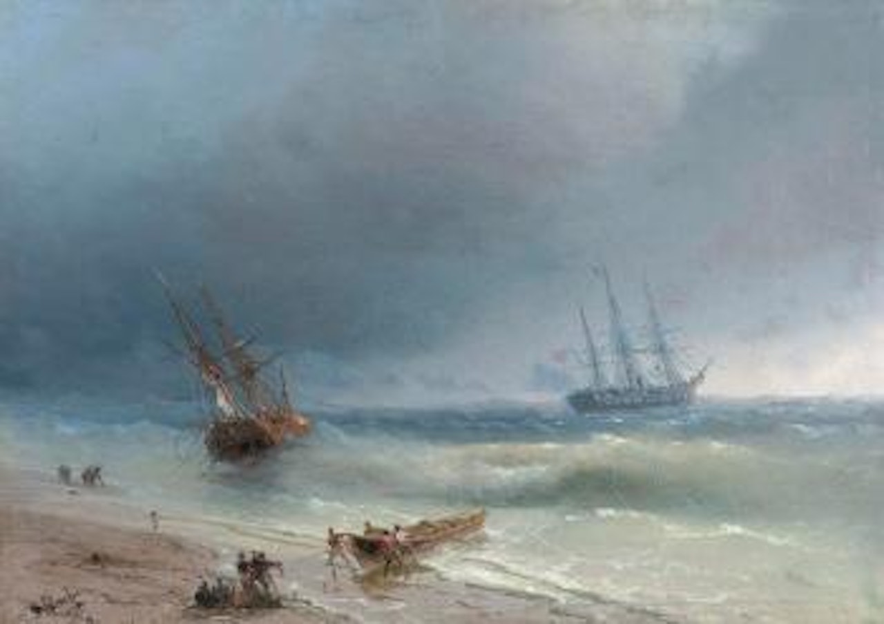 Zwei Segelschiffe und ein Rudderboot mit Matrosen an der Kuste by Ivan Konstantinovich Aivazovsky