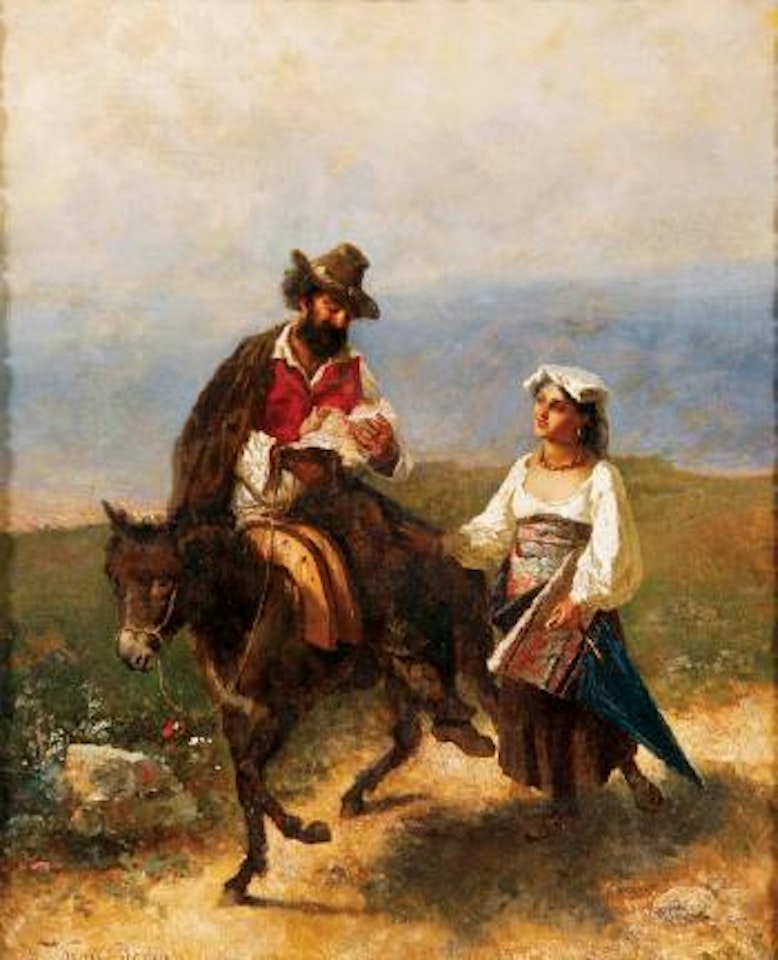 Peasant couple with baby traveling on donkey by Wilhelm Kray