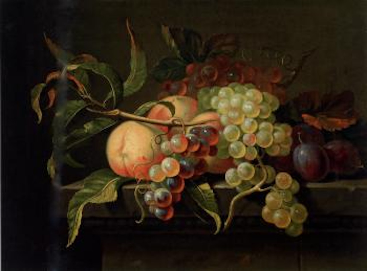 Still life with grapes, peaches and plums on a stone plate by French School
