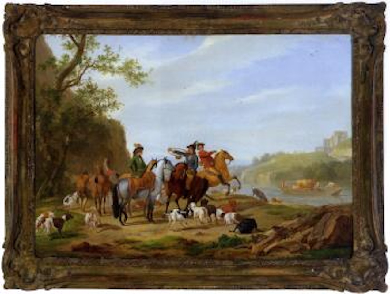 Horsemen and their hounds resting by a river by Francesco Giuseppe Casanova