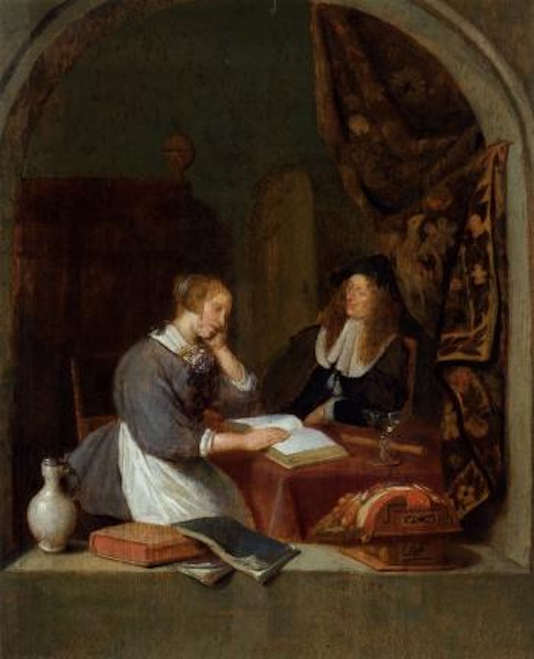 An amorous couple reading an interior by Quirijn Gerritsz van Brekelenkam